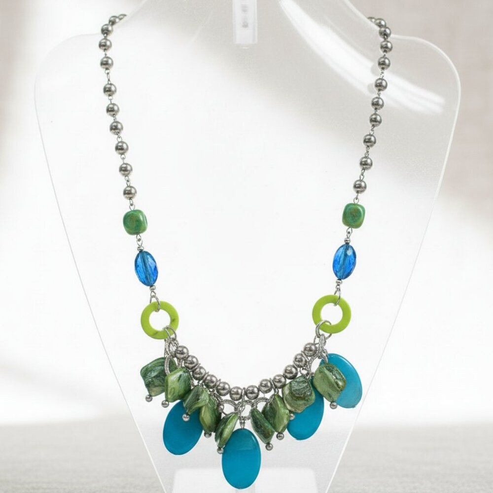 Chunky Silver Statement Necklace Blue Green Bib Beach Coastal Resort Beaded Boho